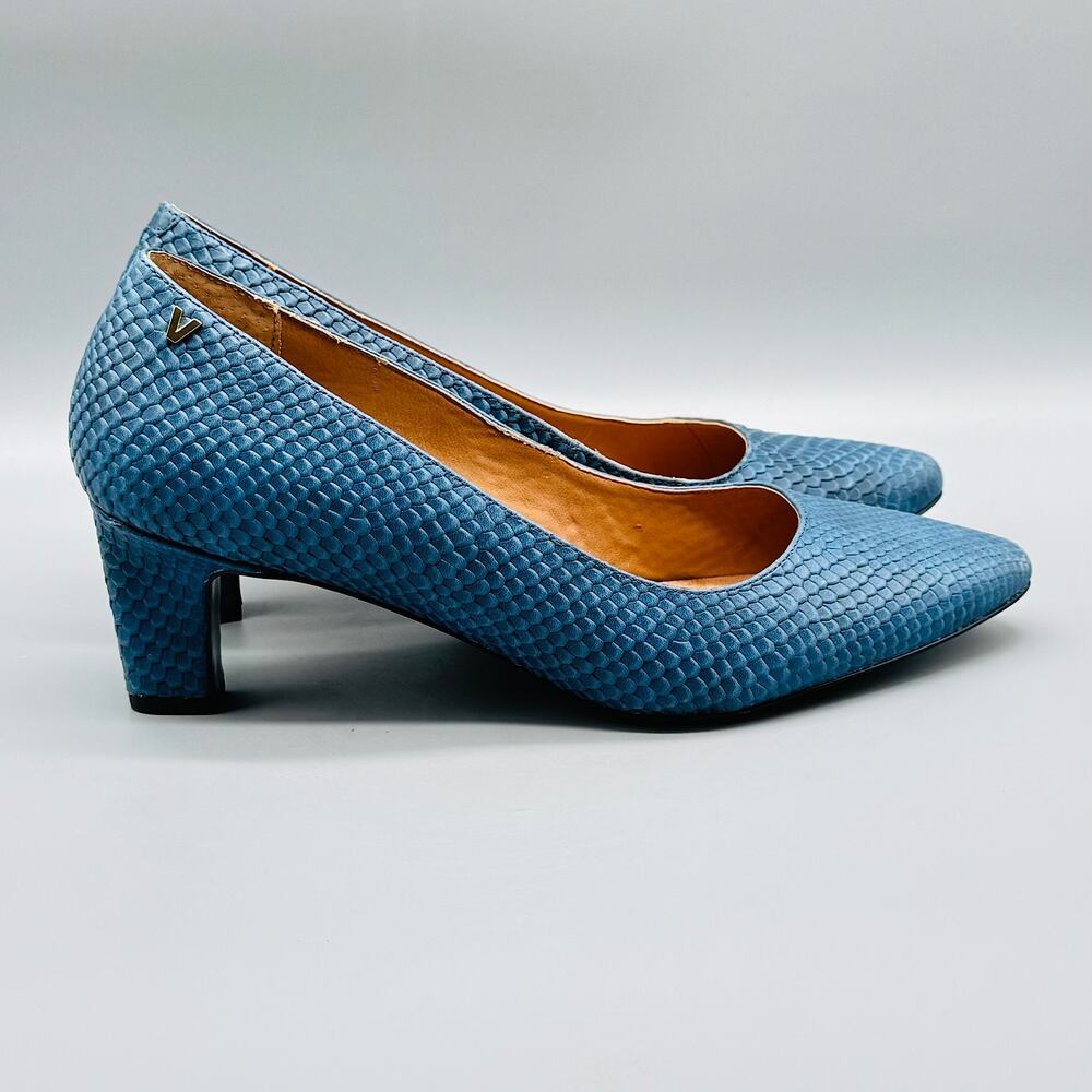 Vionic Shoes Womens 9 Blue Leather Mia Pumps Snakeskin Block Heel Comfort